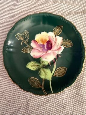 Vintage Green Floral Decorative Saucer with Hand-Painted Rose